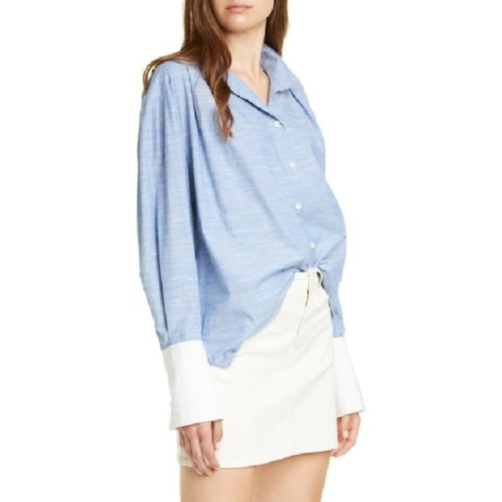 Frame Pleated Contrast Cuff Button Up Top shirt
